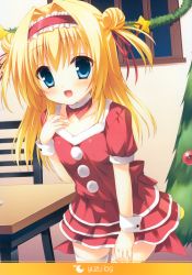 Rule 34 | 1girl, :d, absurdres, any (trueblue), blonde hair, blue eyes, chitose sana, christmas, christmas ornaments, christmas tree, double bun, hair bun, hair intakes, hand on own chest, headband, highres, huge filesize, muririn, open mouth, smile, table, tenshinranman, thighhighs, white thighhighs, window, wrist cuffs, zettai ryouiki