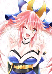 Rule 34 | 10s, 1girl, animal ears, bare shoulders, bow, breasts, cleavage, detached sleeves, fate/extra, fate/grand order, fate (series), fox ears, hair bow, hair ribbon, highres, japanese clothes, large breasts, looking at viewer, narumi kyousuke, one eye closed, open mouth, pink hair, ribbon, solo, tamamo no mae (fate/extra), yellow eyes