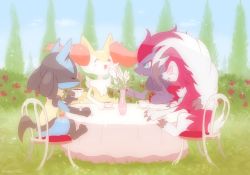 Rule 34 | animal ear fluff, animal nose, blue eyes, blush, blush stickers, braixen, bush, chair, closed eyes, creatures (company), cup, furry, game freak, gen 4 pokemon, gen 5 pokemon, gen 6 pokemon, gen 7 pokemon, grass, looking at another, lucario, lycanroc, lycanroc (midnight), nintendo, pokemon, pokemon (creature), rose bush, smile, snout, table, tea, tea party, teacup, twitter username, vase, yajuuraku, zoroark