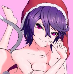 Rule 34 | 1girl, ass, breasts, closed mouth, doremy sweet, hair between eyes, hat, large breasts, looking at viewer, nightcap, nude, pepelonthi, pink background, pink eyes, purple hair, red hat, short hair, simple background, smile, solo, tail, touhou