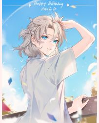 Rule 34 | 0jae, 1boy, albedo (genshin impact), bird, birthday, character name, day, feathers, genshin impact, grey hair, hair between eyes, happy birthday, head tilt, heart, highres, leaf, looking at viewer, male focus, outdoors, parted lips, shirt, short sleeves, signature, sky, solo, tree, upper body, white shirt