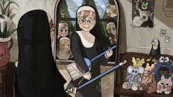 Rule 34 | 4girls, :&lt;, :i, ^ ^, against glass, baseball, baseball bat, beak, bird, blonde hair, blue eyes, broken vase, broom, broom guitar, brown eyes, brown hair, camera, chair, chicken, clinging, closed eyes, clumsy nun (diva), comb (chicken), commentary, crack, diva (hyxpk), doll, doodle, doughnut, drawer, duck, duckling, embarrassed, english commentary, facepaint, flower, food, frog, froggy nun (diva), glasses, glasses nun (diva), handprint, highres, holding, holding broom, holding camera, lightning bolt symbol, lily (flower), little nuns (diva), mirror, multiple girls, nun, object on head, poster (object), reflection, spicy nun (diva), spread wings, star (symbol), sticker, stuffed animal, stuffed cat, stuffed elephant, stuffed kangaroo, stuffed toy, sweat, tape, traditional nun, tree, twin-lens reflex camera, unconventional guitar, vase, window, wooden chair, yellow eyes