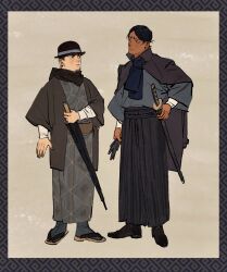 Rule 34 | 2boys, black eyes, black hair, black headwear, bowler hat, brown background, chengongzi123, closed mouth, closed umbrella, coat, coat on shoulders, commentary, dark-skinned male, dark skin, facial hair, full body, goatee, golden kamuy, grey coat, grey kimono, hand up, hat, highres, holding, holding sword, holding umbrella, holding weapon, japanese clothes, katana, kimono, koito otonoshin, long sleeves, looking at another, male focus, multiple boys, sandals, scarf, sheath, sheathed, short hair, smile, standing, sword, symbol-only commentary, tsukishima hajime, umbrella, very short hair, weapon, wide sleeves
