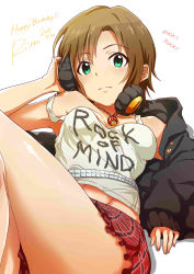 Rule 34 | 10s, 1girl, 2015, absurdres, ayano yuu (sonma 1426), belt, black jacket, breasts, brown hair, camisole, clothes writing, dated, english text, green eyes, hand on headphones, happy birthday, headphones, headphones around neck, highres, idolmaster, idolmaster cinderella girls, jacket, jewelry, knees up, crossed legs, long sleeves, looking at viewer, lying, midriff, miniskirt, necklace, on back, open clothes, open jacket, pendant, plaid, plaid skirt, short hair, skirt, small breasts, smile, solo, strap slip, tada riina, white background