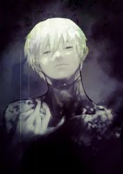 Rule 34 | 1boy, black background, black nails, bodysuit, closed mouth, commentary request, covered collarbone, cracking knuckles, expressionless, frown, gradient background, hair between eyes, half-closed eyes, hand up, kaneki ken, looking at viewer, male focus, nail polish, sanoi (giraffe), short hair, solo, tokyo ghoul, upper body, white hair