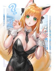 Rule 34 | 1girl, :o, ?, absurdres, animal ear fluff, animal ears, bare shoulders, black leotard, black necktie, black pantyhose, blonde hair, blunt bangs, breasts, claw pose, collarbone, covered navel, curious, detached collar, detached sleeves, fingernails, fox ears, fox girl, fox tail, green eyes, hair ribbon, hands up, highres, large breasts, leaning to the side, leotard, looking at viewer, necktie, original, pantyhose, paw print, ribbon, short necktie, solo, strapless, strapless leotard, tail, wrist cuffs, xiximie (user uhde8732)