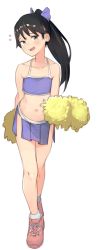 Rule 34 | 1girl, absurdres, alternate costume, black hair, brown eyes, character request, cheerleader, co botan, collarbone, commentary request, crop top, crop top overhang, embarrassed, flat chest, full body, hair ribbon, highres, kantai collection, leaning forward, long hair, looking at viewer, midriff, pleated skirt, pom pom (cheerleading), ponytail, purple skirt, ribbon, simple background, skirt, solo, white background