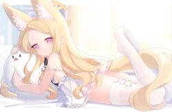 Rule 34 | 1girl, animal ear fluff, animal ears, animal-shaped pillow, bare shoulders, blonde hair, blue archive, bow, breasts, bright pupils, closed mouth, commentary request, eskimofox, feet, forehead, fox ears, from side, gradient eyes, halo, hugging object, long hair, looking at viewer, lying, multicolored eyes, on stomach, orange eyes, parted bangs, pillow, pillow hug, seia (blue archive), sideboob, small breasts, smile, solo, strap slip, tail, the pose, thighhighs, toes, very long hair, white bow, white pupils, white thighhighs, yellow eyes