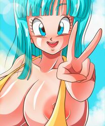 Rule 34 | 1girl, alternate breast size, bare shoulders, blue eyes, blue hair, blush, breasts, cleavage, dragon ball, dragonball z, female focus, happy, highres, kyandi db, large breasts, lips, long hair, looking at viewer, maron (dragon ball), matching hair/eyes, nipples, one-piece swimsuit, open mouth, shiny skin, simple background, smile, solo, sunlight, swimsuit, thighs, upper body, v, wide hips, yellow one-piece swimsuit