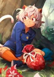 Rule 34 | 1girl, :3, androgynous, animal ears, arthropod girl, blue jacket, breasts, bug, bush, buttons, cat ears, cat tail, day, double-breasted, gift, highres, hunter x hunter, jacket, khyle., kneehighs, neferpitou, outdoors, red eyes, scissors, short hair, sitting, small breasts, smile, socks, solo, tail, tree, watermark, web address