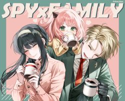 Rule 34 | 1boy, 1yeol eum, 2girls, ^ ^, ^o^, anya (spy x family), blush, child, closed eyes, coat, coffee, coffee mug, copyright name, cup, family, formal, highres, holding, holding cup, mug, multiple girls, on person, smile, spy x family, suit, trench coat, twilight, two-tone background, upper body, yor briar