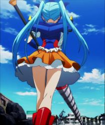 Rule 34 | 10s, 1girl, aqua hair, boots, drill, from behind, getter liger, highres, liga-sama, pleated skirt, robot girls z, screencap, skirt, twintails