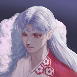 Rule 34 | 1boy, closed mouth, crescent, eyeshadow, facial mark, grey hair, hejia abby, highres, inuyasha, long hair, makeup, male focus, pointy ears, sesshoumaru, solo, upper body, whisker markings, yellow eyes