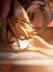 1girl animal_ear_fluff animal_ears ass blonde_hair cat_ears cat_girl cat_tail closed_mouth furry furry_female highres lying motsushi on_stomach open_mouth pulchra_fellini short_hair smile solo tail yellow_fur zenless_zone_zero