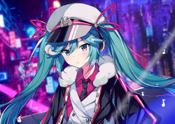 Rule 34 | 1girl, absurdres, aqua eyes, aqua hair, black coat, black necktie, blurry, blurry background, buttons, city, coat, commentary, double-breasted, eighth note, expressionless, feng mao mc, fur-trimmed coat, fur trim, hair ribbon, hat, hatsune miku, highres, jacket, light blush, looking at viewer, military, military uniform, musical note, naval uniform, necktie, neon lights, night, peaked cap, red ribbon, red shirt, ribbon, sailor hat, shirt, snowflakes, solo, standing, twintails, uniform, upper body, vocaloid, white hat, white jacket, yuki miku, yuki miku (2022)