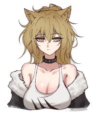 Rule 34 | 1girl, animal ears, arknights, black collar, black jacket, breasts, brown hair, cleavage, collar, fur-trimmed jacket, fur trim, highres, jacket, large breasts, lion ears, lion girl, off shoulder, petra (jgc845601), siege (arknights), simple background, solo, studded collar, tank top, upper body, white background, white tank top, yellow eyes