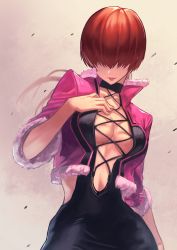 Rule 34 | 1girl, absurdres, boots, breasts, cleavage, cleavage cutout, clothing cutout, cropped jacket, earrings, hair over eyes, hara kenshi, highres, jewelry, large breasts, leotard, lipstick, long hair, makeup, miniskirt, ponytail, red hair, shermie (kof), skirt, smile, snk, solo, split ponytail, the king of fighters, the king of fighters xv