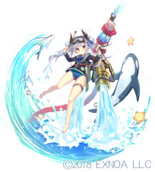 Rule 34 | 1girl, barefoot, breasts, commentary request, dolphin, full body, gemini seed, goggles, goggles on head, highres, horns, kurano (gemini seed), kurano (swimsuit) (gemini seed), looking at viewer, medium breasts, official alternate costume, official art, open mouth, orca, simple background, solo, starfish, usamata, water, watermark, white background