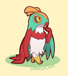 Rule 34 | bird, character name, claws, creatures (company), feathers, full body, game freak, gen 6 pokemon, hawlucha, lowres, nintendo, no humans, pokemon, pokemon (creature), pokemon xy, red wings, technoga, wings, yellow background, yellow eyes