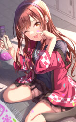 Rule 34 | 1girl, absurdres, art brush, black socks, blush, brown skirt, citrusmikan, from above, hairband, hand on own face, hand up, happi, highres, holding, holding brush, holding paintbrush, idolmaster, idolmaster shiny colors, index finger raised, japanese clothes, kneehighs, long hair, long sleeves, looking at viewer, one eye closed, open mouth, osaki amana, paint, paint can, paint on clothes, paint splatter, paint splatter on face, paintbrush, pink hairband, plaid, plaid skirt, pleated skirt, red hair, shirt, sitting, skirt, smile, socks, solo, swept bangs, wariza, yellow eyes
