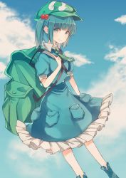 Rule 34 | 1girl, :d, backpack, bag, blue eyes, blue footwear, blue hair, blue shirt, blue skirt, blunt bangs, blush, cloud, cloudy sky, day, green necktie, hair bobbles, hair ornament, kawashiro nitori, looking at viewer, matching hair/eyes, necktie, open mouth, pokan (xz1128), puffy short sleeves, puffy sleeves, shirt, shoes, short hair, short sleeves, skirt, skirt set, sky, smile, solo, touhou, twintails