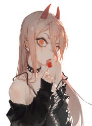 Rule 34 | 1girl, bare shoulders, blonde hair, breasts, candy, chainsaw man, collar, cross-laced clothes, cross-laced dress, cross-shaped pupils, demon horns, dino (dinoartforame), dress, ear piercing, food, goth fashion, hair between eyes, highres, holding, holding candy, holding food, holding lollipop, horns, licking, lollipop, long hair, long sleeves, looking at viewer, medium breasts, open mouth, piercing, power (chainsaw man), red horns, saliva, simple background, solo, spiked collar, spikes, symbol-shaped pupils, white background