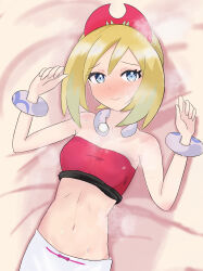 Rule 34 | 1girl, absurdres, armpits, arms up, bad id, bad pixiv id, bandeau, bangle, bare shoulders, blonde hair, blue eyes, blush, bracelet, breasts, commentary, creatures (company), game freak, hair between eyes, hair ornament, highres, irida (pokemon), jewelry, kion (namarock8686), looking at viewer, lying, navel, necklace, nintendo, on back, pokemon, pokemon legends: arceus, short hair, sidelocks, small breasts, smell, smile, steaming body, stomach, sweat