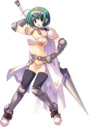 Rule 34 | 1girl, armor, armored boots, artist request, belt, bikini armor, black legwear, blue eyes, boots, cape, collar, full body, gauntlets, greaves, green hair, hair ornament, hand on own hip, highres, holding, holding weapon, knees together feet apart, open mouth, polearm, revealing clothes, short hair, shoulder pads, showgirl skirt, smile, solo, spear, standing, tiara, to heart (series), to heart 2, to heart 2 dungeon travelers, transparent background, waist cape, weapon, yoshioka chie