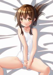 Rule 34 | 1girl, amano miyako, black legwear, brown eyes, brown hair, embarrassed, flat chest, inazuma (kancolle), kantai collection, long hair, looking at viewer, lying, one-piece swimsuit, school swimsuit, solo, spread legs, swimsuit, v arms, white one-piece swimsuit