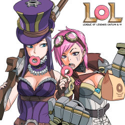 Rule 34 | 2girls, bag, belt, blue eyes, breasts, brown belt, brown gloves, caitlyn (league of legends), character name, choker, cleavage, closed mouth, copyright name, doughnut, earrings, facial mark, feeding, fingerless gloves, fingernails, food, food in mouth, frilled neckwear, frills, gears, gem, gloves, goggles, goggles on head, gun, hat, highres, holding, holding bag, holding gun, holding weapon, jewelry, league of legends, long hair, looking at another, multiple girls, nail polish, nose piercing, open mouth, over shoulder, paper bag, piercing, pink hair, purple choker, purple eyes, purple hair, purple headwear, purple nails, rifle, shirai keita, short hair, simple background, teeth, tongue, top hat, vi (league of legends), weapon, weapon over shoulder, white background