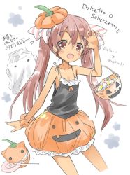 Rule 34 | 1girl, 2others, brown eyes, brown hair, candy, commentary request, contrapposto, curled fingers, dark-skinned female, dark skin, fang, flat chest, food, ghost, hair ribbon, halloween bucket, halloween costume, hat, highres, hizuki yayoi, italian text, kantai collection, libeccio (kancolle), long hair, looking at viewer, mini hat, multiple others, orange skirt, partially translated, pumpkin skirt, ribbon, skin fang, skirt, solo, striped ribbon, tan, tank top, translation request, twintails, white background