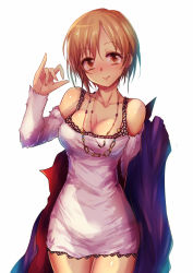 Rule 34 | 10s, 1girl, aiba yumi, bare shoulders, blush, breasts, brown eyes, brown hair, cape, cleavage, collarbone, cowboy shot, detached sleeves, dress, fang, fang out, idolmaster, idolmaster cinderella girls, jewelry, kara (color), looking at viewer, necklace, smile, solo, standing, white background, white dress