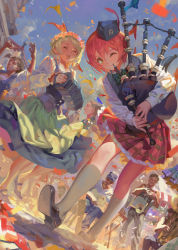 Rule 34 | 2girls, :d, ;), ^ ^, absurdres, alphonse (white datura), arms up, bagpipes, blonde hair, blouse, bodice, bow, bowtie, brown eyes, closed eyes, concertina, confetti, dancing, dated, dress, dutch angle, closed eyes, facial hair, festival, flag, flower wreath, frilled skirt, frills, garrison cap, glenngarry cap, guitar, hat, head wreath, highres, hoshizora rin, instrument, kilt, kneehighs, koizumi hanayo, leaning forward, long sleeves, love live!, love live! school idol project, military hat, multiple boys, multiple girls, mustache, one eye closed, open mouth, outdoors, photoshop (medium), plaid, plaid legwear, red hair, sandals, scots text, shirt, signature, sitting, skirt, sky, smile, socks, standing, string of flags, sunglasses, text focus, tuba, vest, washboard, white legwear, white shirt
