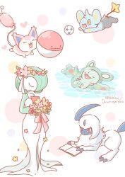 Rule 34 | absol, afloat, animal focus, artist name, asakoline, ball, book, bouquet, cat, claws, closed eyes, colored skin, commentary request, creatures (company), ditto, flower, forehead jewel, game freak, gardevoir, gen 1 pokemon, gen 3 pokemon, gen 4 pokemon, gen 5 pokemon, green hair, head wreath, heart, highres, holding, holding bouquet, horns, mane, nintendo, no humans, open book, open mouth, pokemon, pokemon (creature), polka dot, polka dot background, reading, reuniclus, shinx, single horn, skitty, soccer ball, standing, tail, transformed ditto, voltorb, water, white background, white fur, white skin, yellow eyes