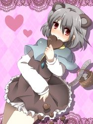 Rule 34 | 1girl, animal ears, bad id, bad pixiv id, basket, candy, capelet, chocolate, chocolate heart, female focus, food, grey hair, heart, hyouka (rat hut), jewelry, koori hana, mouse (animal), mouse ears, mouse tail, nazrin, pendant, red eyes, solo, tail, touhou, valentine