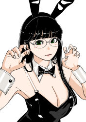 Rule 34 | 1girl, animal ears, animification, black bow, black leotard, blush, bow, breasts, claw pose, detached collar, glasses, green eyes, grey nails, highres, leotard, light smile, looking at viewer, medium breasts, parted lips, rabbit ears, real life, sakamoto giulietta, shinonome umi, upper body, wrist cuffs