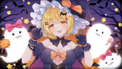 Rule 34 | 1girl, :3, :d, absurdres, alternate costume, bat hair ornament, black cape, black headwear, blonde hair, blush, bow, grabbing another&#039;s breast, breasts, cape, claw pose, cleavage, clothing cutout, creature, detached collar, detached sleeves, fang, ghost, grabbing, hair ornament, hairclip, halloween, hat, hat bow, highres, hololive, large breasts, looking at viewer, obake-chan (yozora mel), open mouth, orange eyes, puffy detached sleeves, puffy short sleeves, puffy sleeves, purple cape, purple headwear, shano hiyori, short hair, short sleeves, skin fang, smile, solo focus, two-sided cape, two-sided fabric, underboob cutout, upper body, virtual youtuber, w arms, witch, witch hat, yellow eyes, yozora mel
