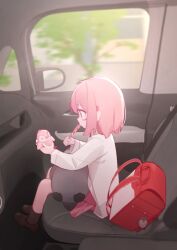 Rule 34 | 1girl, black socks, brown footwear, car interior, character request, charm (object), child, copyright request, doribae, from side, highres, holding, jacket, medium hair, miniskirt, pink hair, pink skirt, pleated skirt, red bag, shoes, sitting, skirt, socks, solo, stuffed animal, stuffed penguin, stuffed toy, white jacket