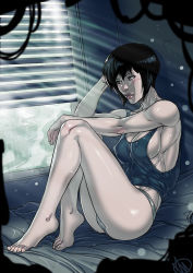 Rule 34 | 1girl, against wall, bare legs, barefoot, black hair, breasts, cleavage, commentary request, commission, covered erect nipples, cyberpunk, cyborg, feet, full body, ganassa, ghost in the shell, highres, indoors, kusanagi motoko, lips, medium breasts, no bra, nose, on bed, panties, short hair, sideboob, sitting, solo, tank top, toes, underwear, window, window blinds, window shutter