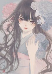 Rule 34 | 1girl, blue flower, blue kimono, brown eyes, brown hair, commentary request, flower, flower request, hair between eyes, hand up, highres, japanese clothes, kikumon, kimono, long hair, long sleeves, looking at viewer, obi, obiage, obijime, original, parted lips, pink flower, print kimono, sash, seal impression, signature, snowflake print, solo, upper body, ushiyama ame