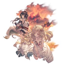 Rule 34 | 2girls, ahoge, arrow (projectile), black gloves, black hair, blonde hair, blue eyes, bow (weapon), breasts, character request, cropped legs, detached sleeves, dress, dress tug, floating hair, gloves, granblue fantasy, hair ornament, hand on own chest, mikaboshi (granblue fantasy), minaba hideo, multiple girls, official art, pants, ponytail, quiver, red eyes, shirt, shitori (granblue fantasy), sleeveless, sleeveless dress, small breasts, transparent background, weapon, white dress