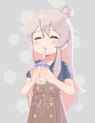 Rule 34 | 1girl, ahoge, bare arms, bubble tea, closed eyes, colored inner hair, commentary, cup, disposable cup, drinking straw, drinking straw in mouth, english commentary, grey background, grey hair, gustavo schuler, hair between eyes, highres, holding, holding cup, long hair, multicolored hair, onii-chan wa oshimai!, oyama mahiro, pink hair, short sleeves, simple background, solo, two-tone hair