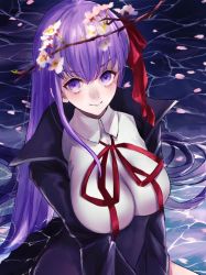 Rule 34 | 1girl, bb (fate), bb (fate/extra), black coat, branch, breasts, cherry blossoms, coat, collared shirt, commentary request, fate/extra, fate/extra ccc, fate/grand order, fate (series), flower, hair between eyes, hair ribbon, high collar, large breasts, long hair, long sleeves, looking at viewer, mine suto rongu, neck ribbon, on liquid, petals, pink flower, purple eyes, purple hair, red ribbon, ribbon, shirt, sitting, solo, water, white shirt