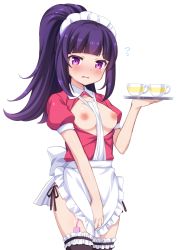 Rule 34 | 10s, 1girl, apron, black thighhighs, blunt bangs, blush, breasts, breasts out, controller, cup, hanazono shuka, highres, idol time pripara, looking at viewer, maid, maid headdress, nipples, panties, pink eyes, ponytail, pretty series, pripara, purple hair, remote control, remote control vibrator, sex toy, short hair, short sleeves, side-tie panties, simple background, small breasts, solo, teacup, thighhighs, tiger rmn, underwear, vibrator, vibrator cord, vibrator in thighhighs, waitress, white background