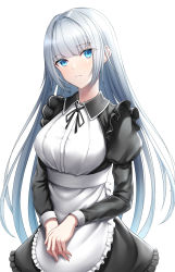 Rule 34 | 1girl, alternate costume, black ribbon, blue eyes, blue hair, blush, breasts, closed mouth, enmaided, hand on hand, highres, large breasts, light blue hair, long hair, looking at viewer, maid, naga (pixiv70891418), neck ribbon, original, ribbon, silver hair, solo, standing, white background
