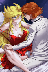 Rule 34 | 1boy, 1girl, blonde hair, blue eyes, breasts, brief (psg), brown hair, cleavage, covered erect nipples, dress, formal, hand on another&#039;s shoulder, haraya manawari, highres, jewelry, looking at another, necklace, panties, panty &amp; stocking with garterbelt, panty (psg), pearl necklace, red dress, spread legs, strap slip, suit, underwear, white suit