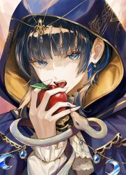 Rule 34 | 1girl, apple, ascot, blue cloak, blue eyes, blue hair, blunt bangs, cloak, crescent, earrings, fangs, food, fruit, highres, holding, holding food, holding fruit, hololive, hololive english, hood, hood up, hooded cloak, imminent bite, jewelry, looking at viewer, multicolored hair, open mouth, ouro kronii, portrait, santafe99, short hair, slit pupils, snake, solo, streaked hair, virtual youtuber, white ascot, white snake