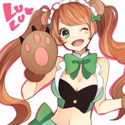 Rule 34 | 10s, 1girl, ;d, animal ears, animal hands, bear ears, bear paws, blush, bow, breasts, brown hair, character name, cleavage, gloves, green bow, green eyes, hair bow, large breasts, long hair, looking at viewer, maid headdress, midriff, one eye closed, open mouth, paw gloves, simple background, smile, solo, tama (songe), twintails, very long hair, yuri kuma arashi, yurigasaki lulu