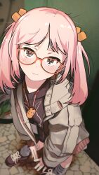 Rule 34 | 1girl, black eyes, black hoodie, blue socks, blurry, blurry background, blush, closed mouth, from above, glasses, grey jacket, hair ribbon, highres, hood, hoodie, jacket, lanyard, long hair, long sleeves, looking at viewer, open clothes, open jacket, original, pink hair, red-framed eyewear, ribbon, russian commentary, servachok, shoes, socks, solo, standing, twintails