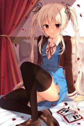 Rule 34 | 1girl, bad id, bad pixiv id, black thighhighs, blonde hair, blood, blood bag, blue skirt, blush, brown footwear, closed mouth, cropped jacket, curtains, hair between eyes, indoors, jacket, loafers, long hair, looking at viewer, on bed, open clothes, open jacket, pinb, pleated skirt, red eyes, school uniform, shoes, sidelocks, sitting, skirt, smile, solo, thighhighs, thighs, twintails, very long hair